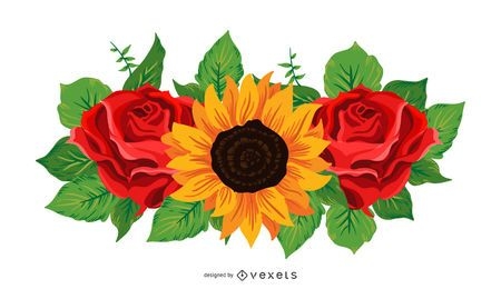 Sonnenblumen- und Rosenillustration