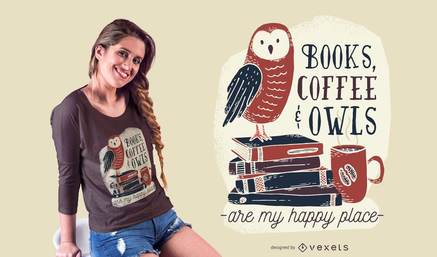Design de t-shirt de corujas de café de livros Design de t-shirt de corujas de café de livros