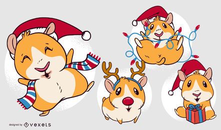 Guinea Pig Christmas Cartoon Set Vector Download