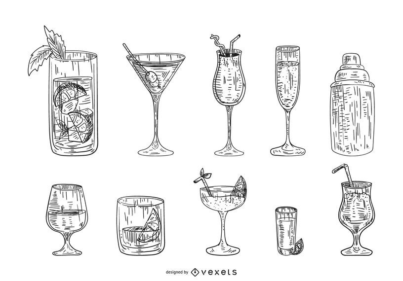 Hand drawn cocktail drink set Hand drawn cocktail drink set