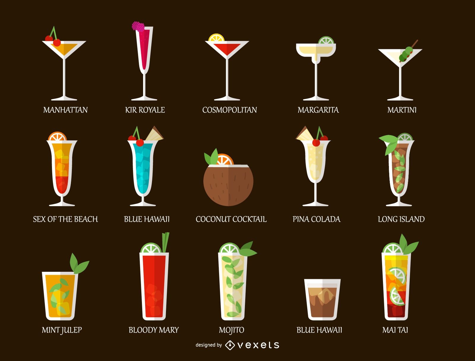 Alcoholic cocktail drinks set