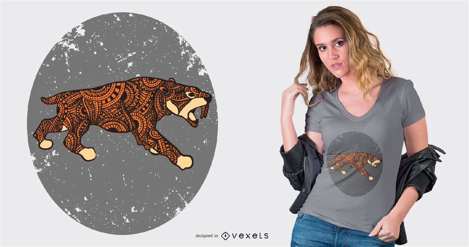 Diseño de camiseta estilo mandala tigre dientes de sable