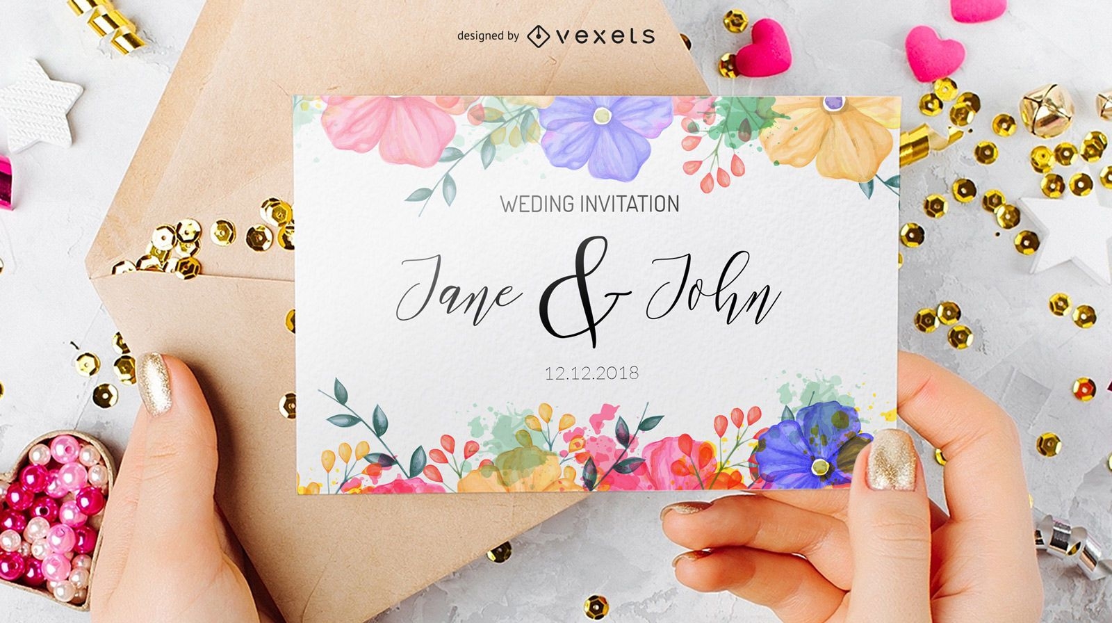 Design de convite de casamento em estilo aquarela