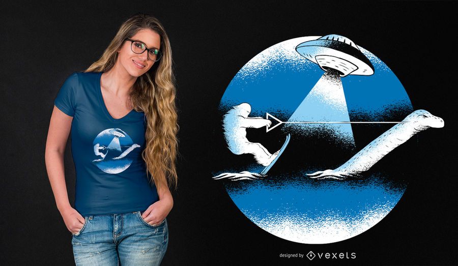 Bigfoot Water Ski with Loch Ness Monster Funny T-shirt Design Bigfoot Water Ski with Loch Ness Monster Funny T-shirt Design