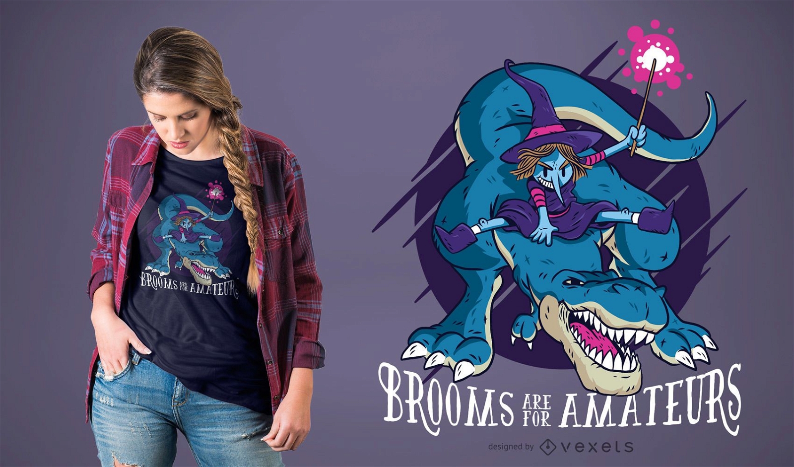 Bruja en T-rex Diseño divertido de camiseta de Halloween