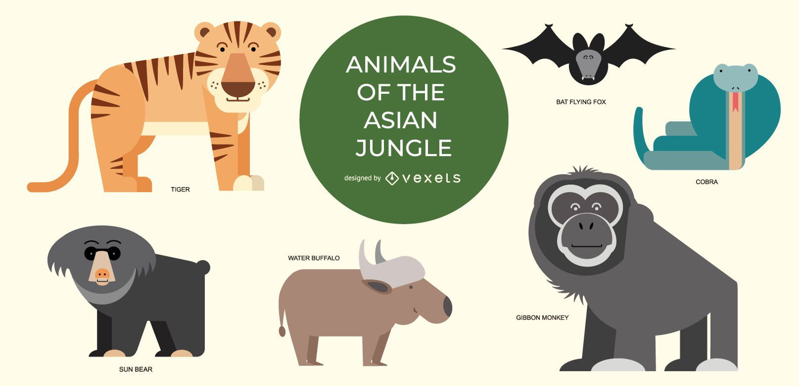 Conjunto de ilustración de animales de la selva asiática