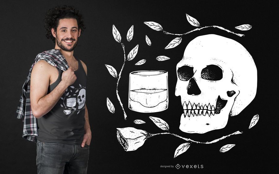 Diseño de camiseta de calavera con rosa y whisky Diseño de camiseta de calavera con rosa y whisky