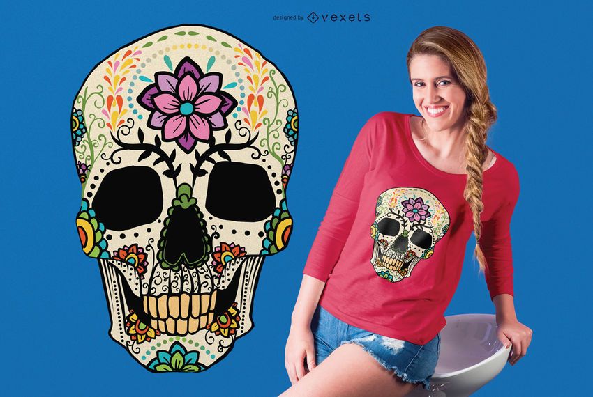 Sugar Skull with Flowers T-shirt Design Sugar Skull with Flowers T-shirt Design