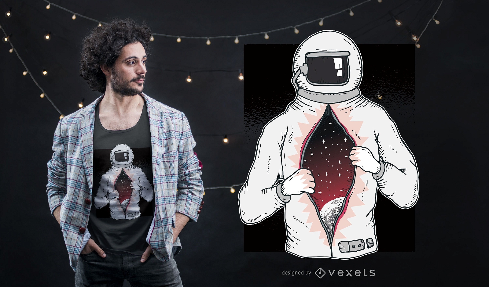 Diseño de camiseta de astronauta con universo interior