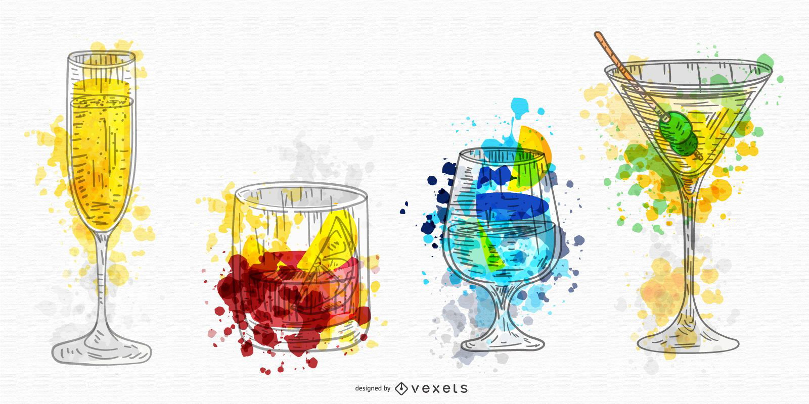 Aquarell-Set mit alkoholischen Getränken