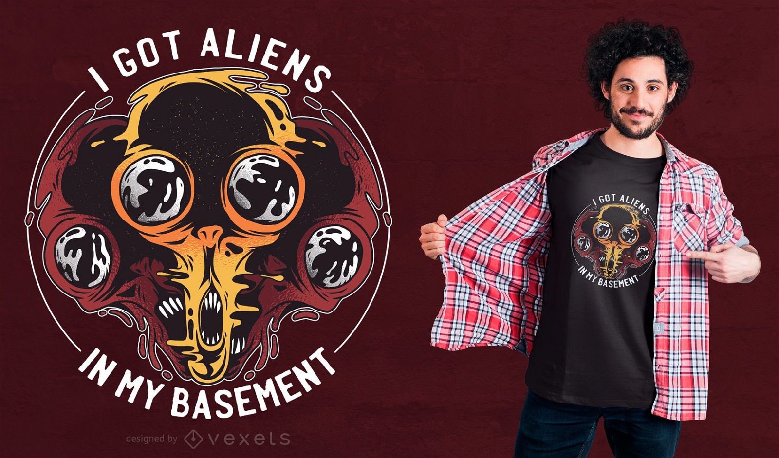 Diseño de camiseta de alienígenas en el sótano.