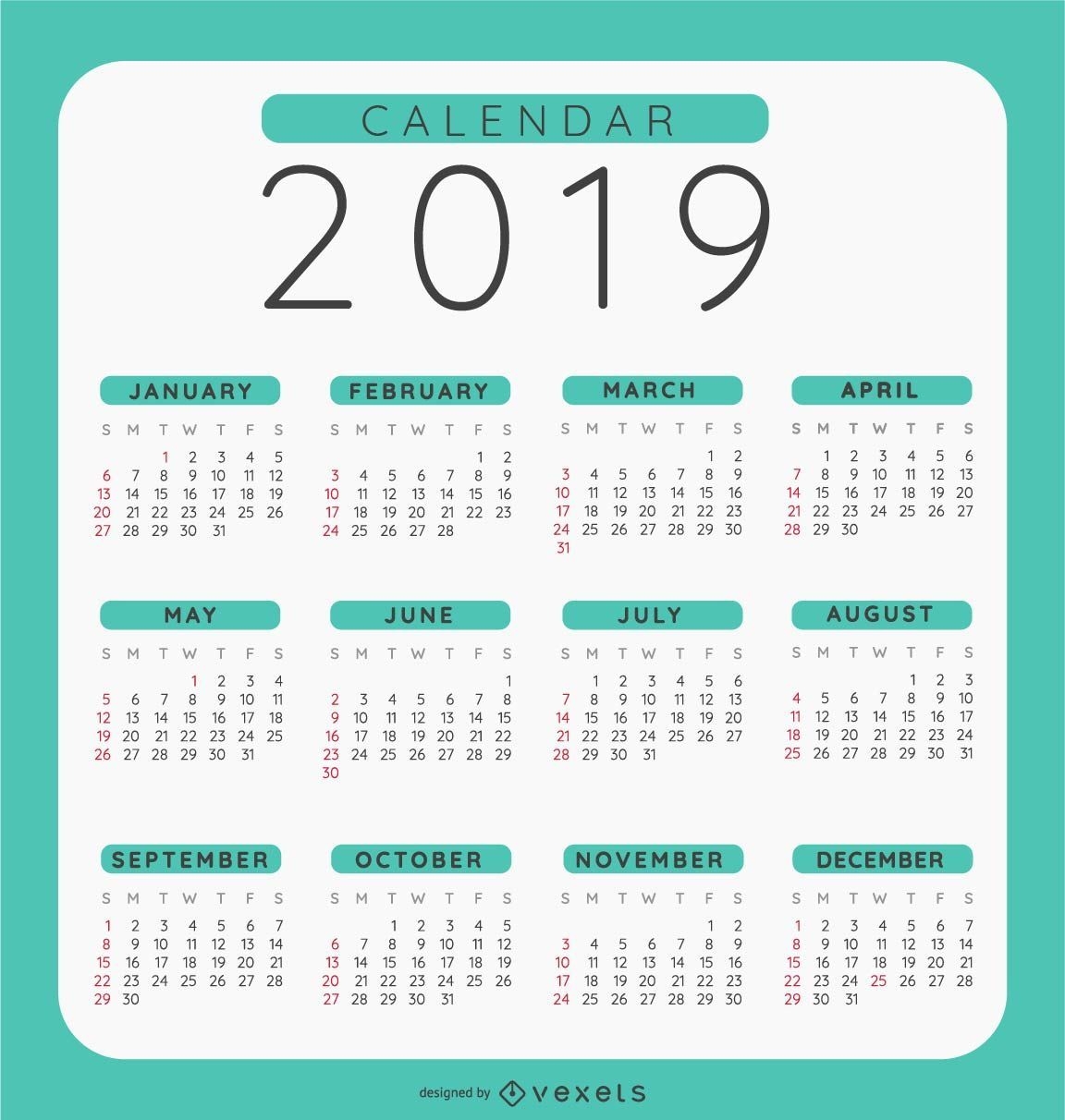 Abgerundete Kalendergestaltung 2019
