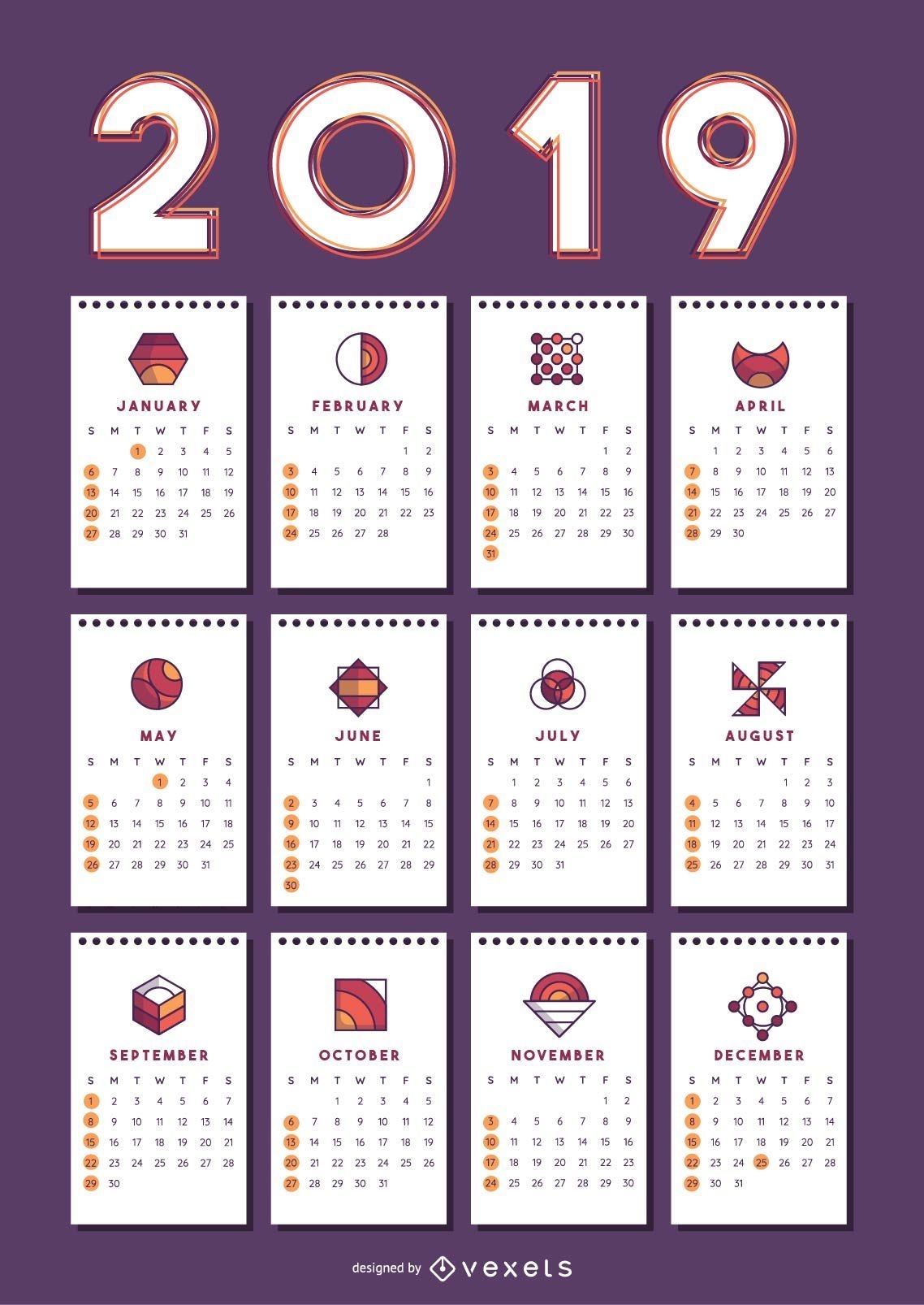 Design do calendário de formas geométricas 2019