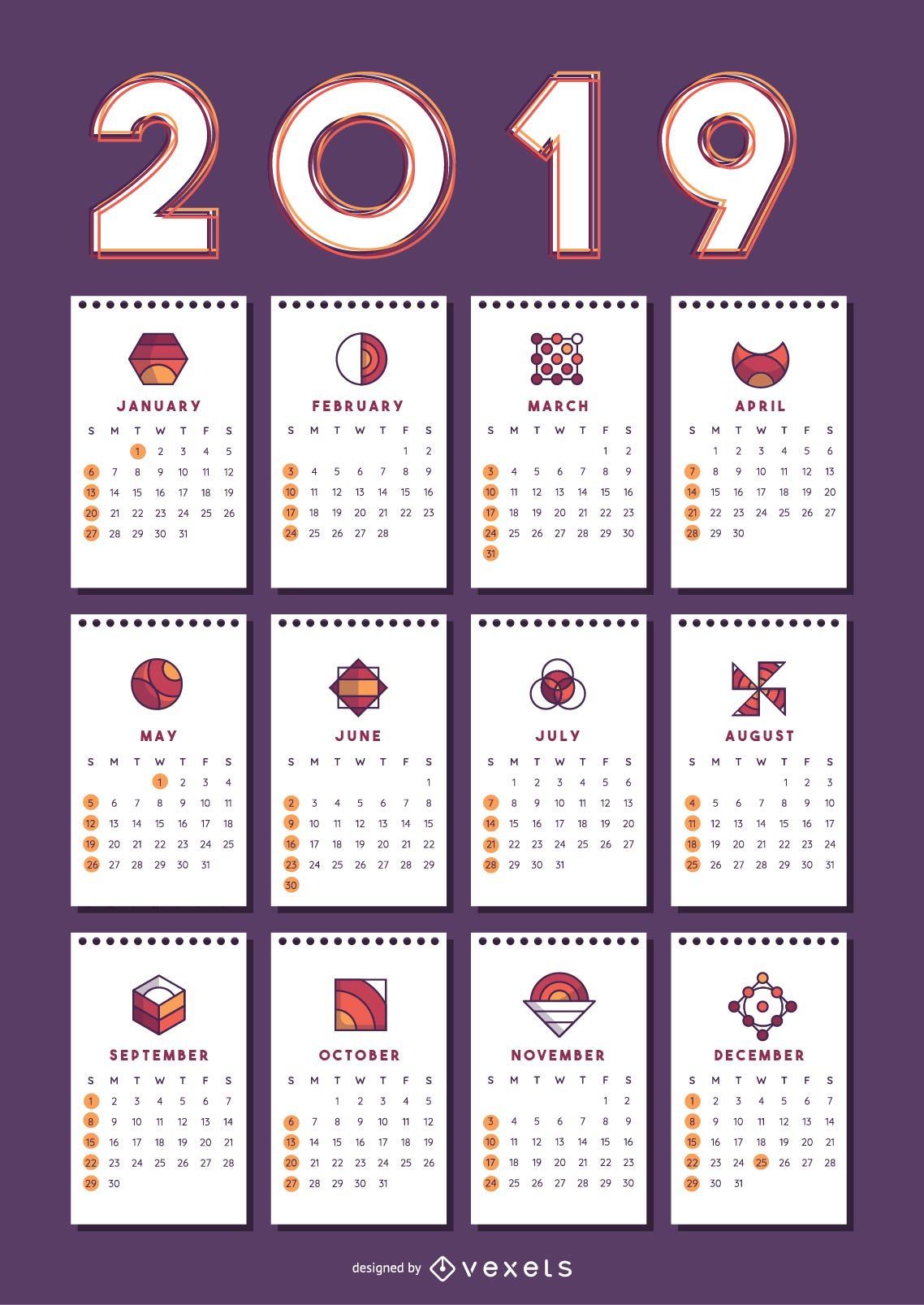 Diseño de calendario de forma geométrica 2019