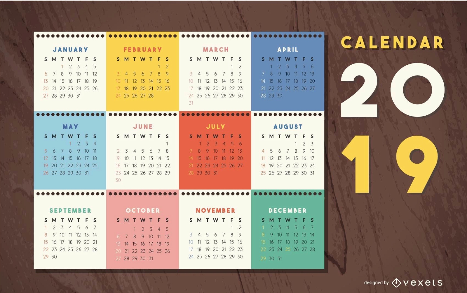 Design colorido do calendário 2019