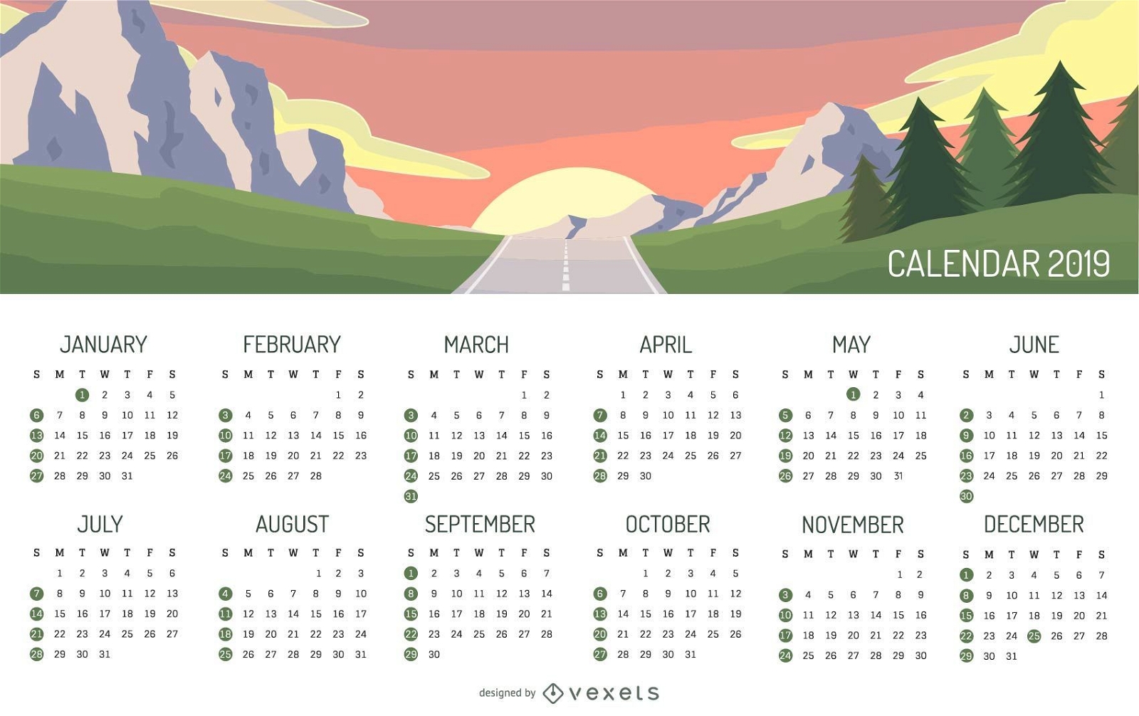 Design do calendário de paisagem montanhosa 2019