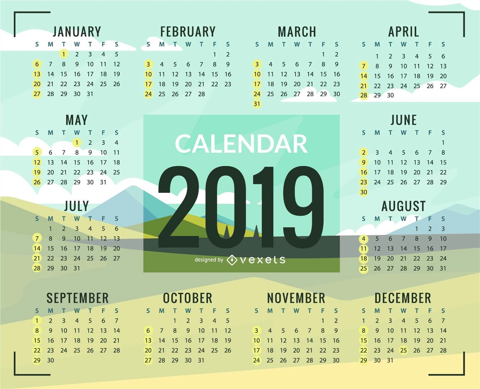 Design do calendário de planícies verdes 2019