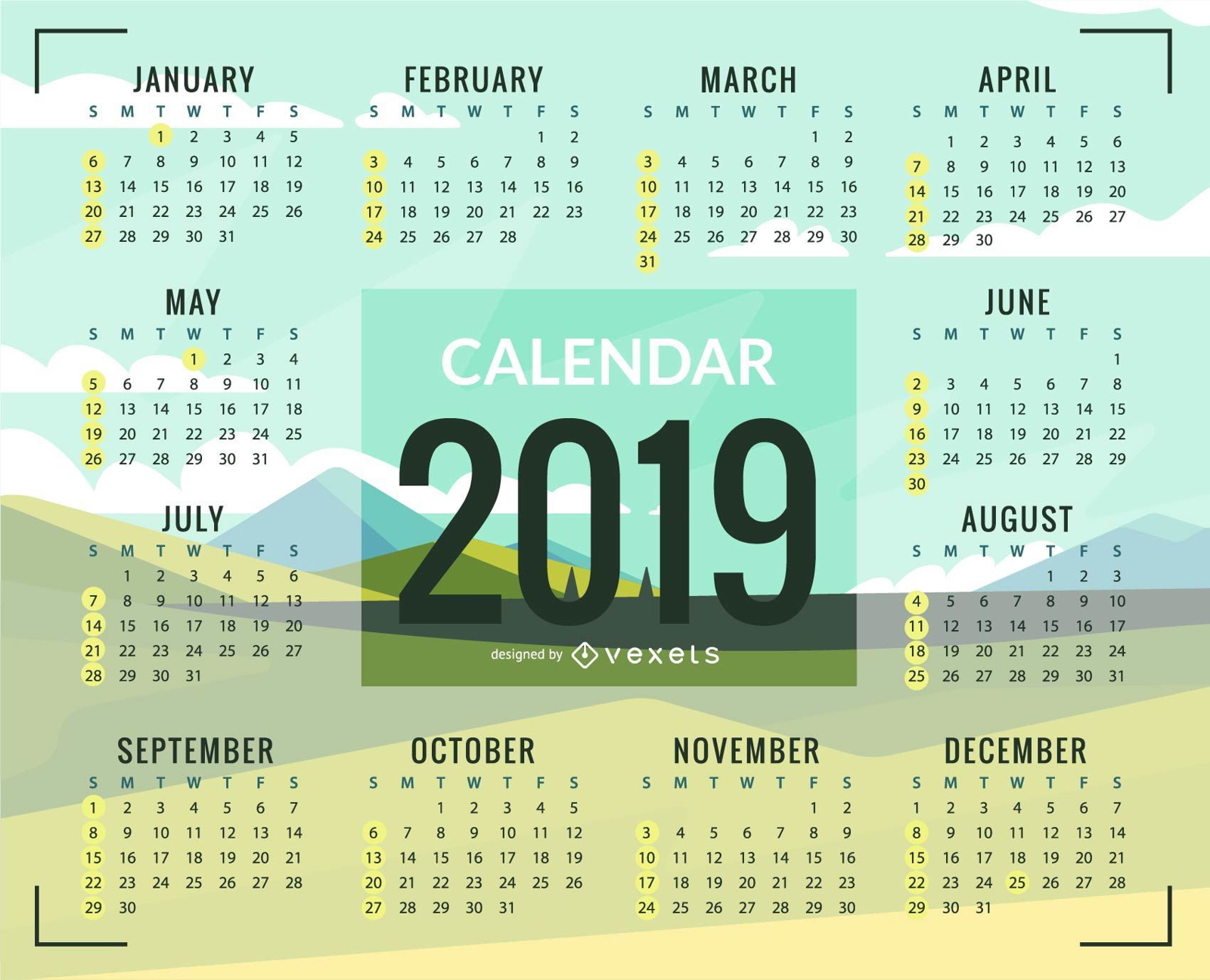 Diseño de calendario Green Plains 2019