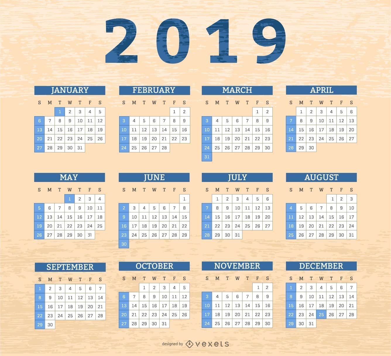 Diseño de calendario de cajas de borde 2019