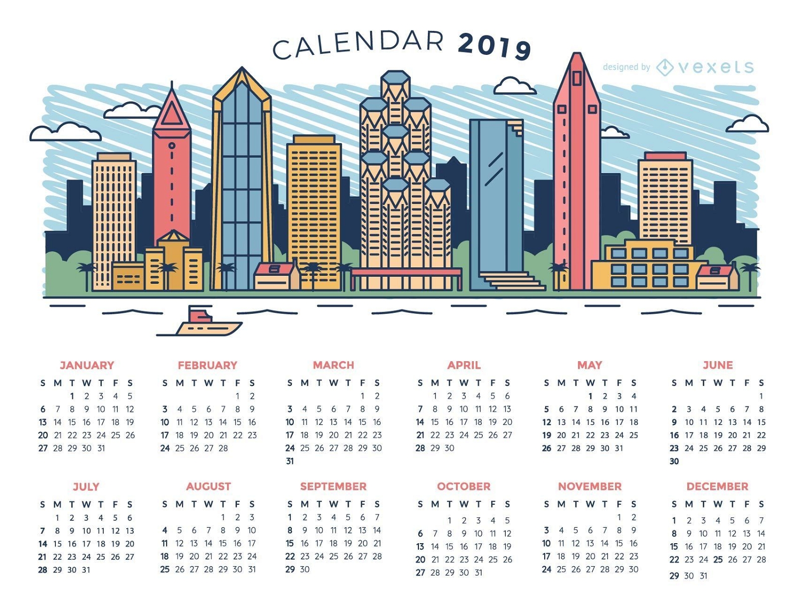 Design do calendário City Skyline 2019
