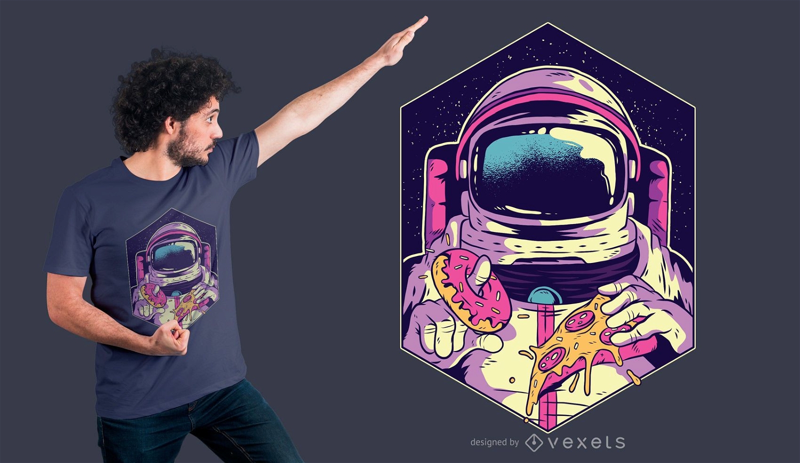 Diseño de camiseta de astronauta comiendo donut y pizza