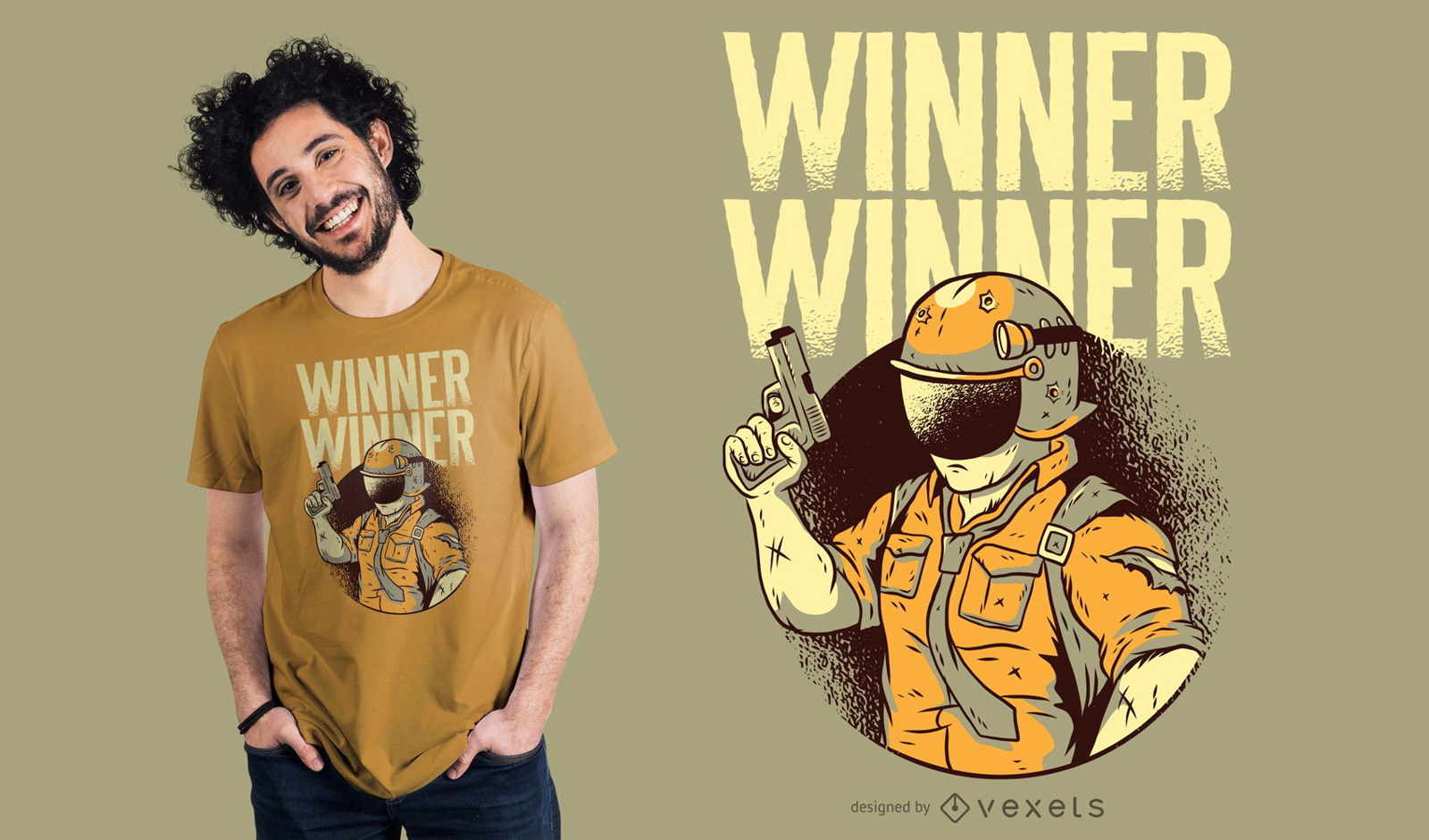 Vencedor Vencedor Design de camiseta de personagem armado