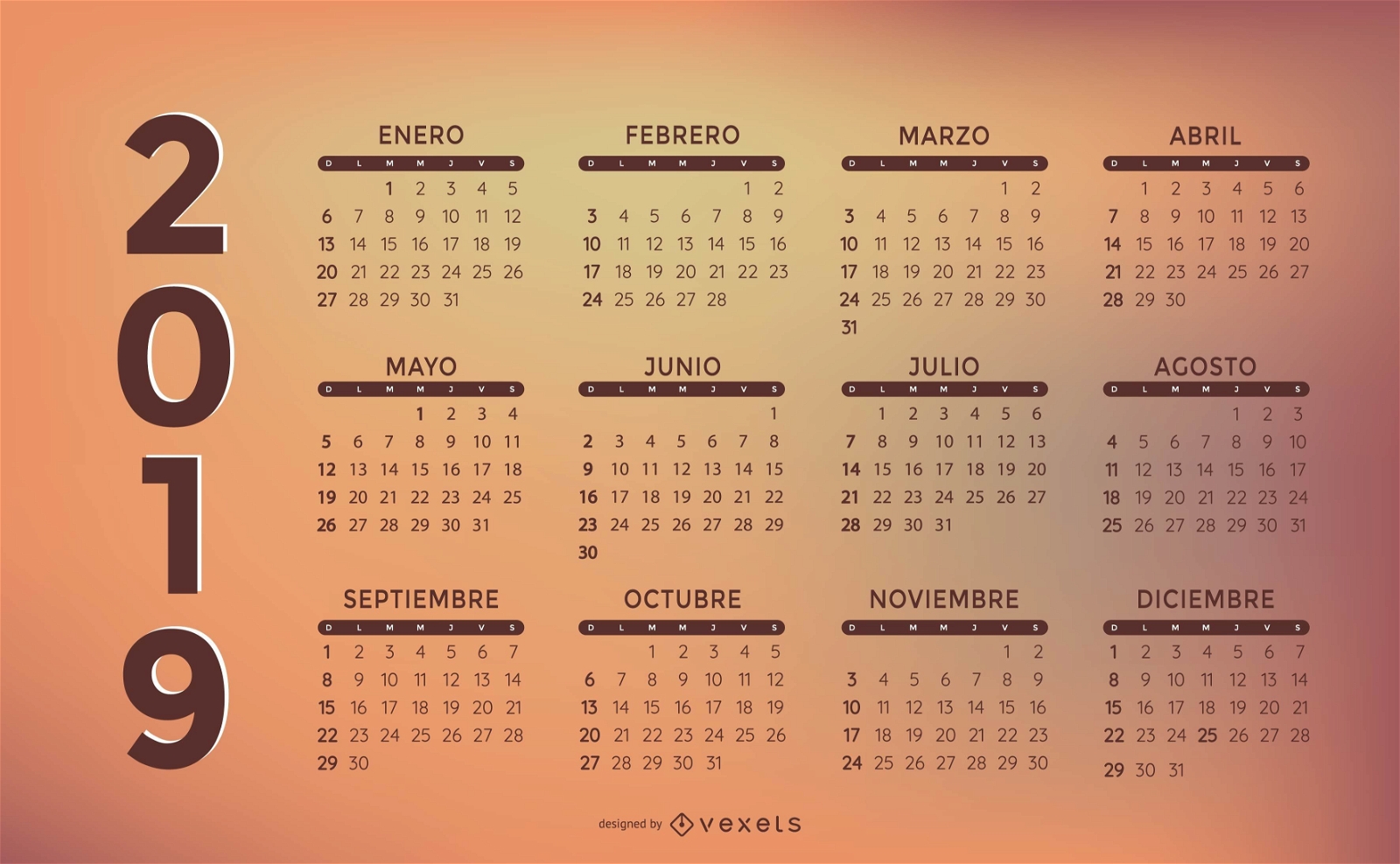 Design elegante do calendário espanhol 2019