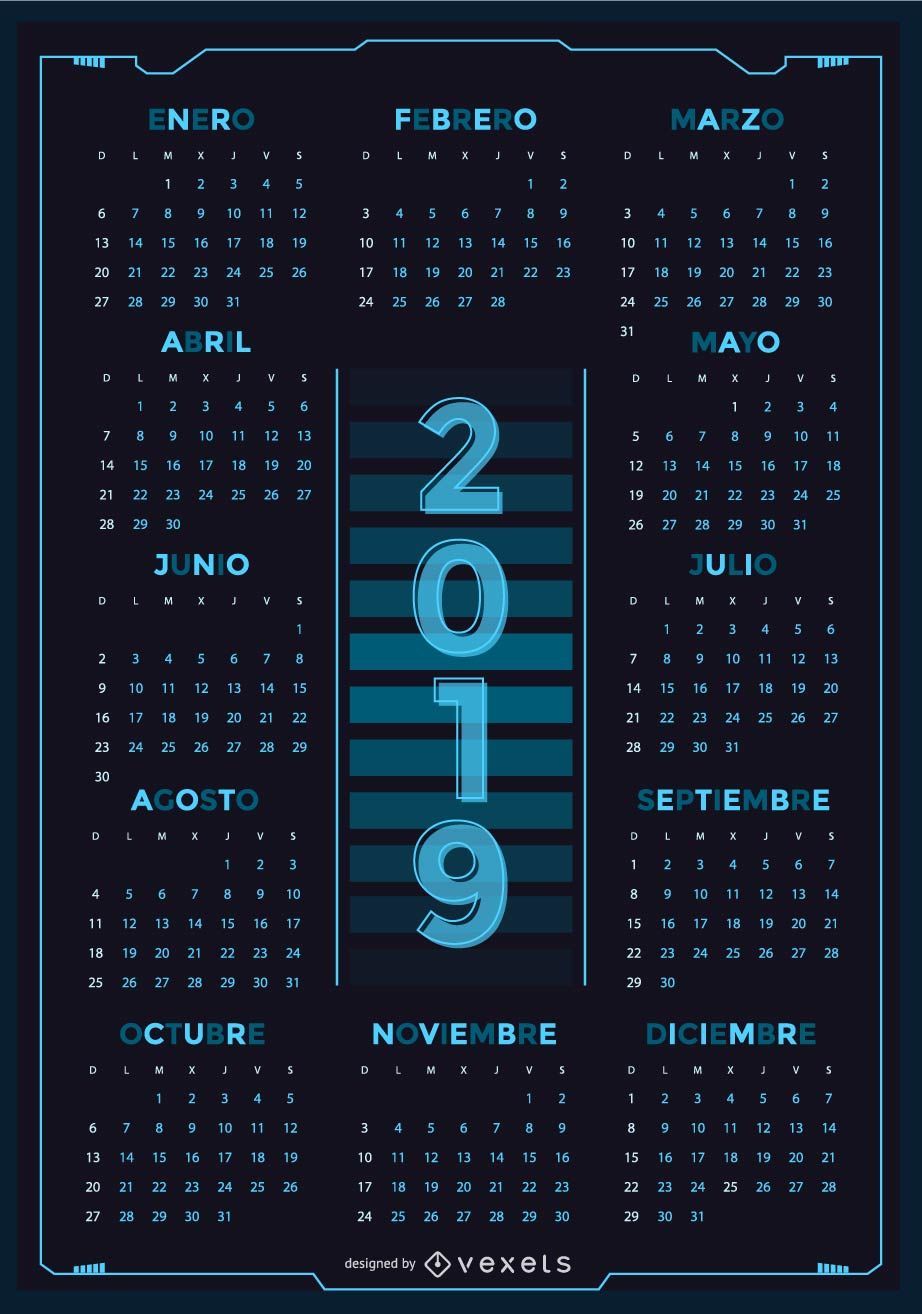 Design de calendário de tecnologia espanhol 2019