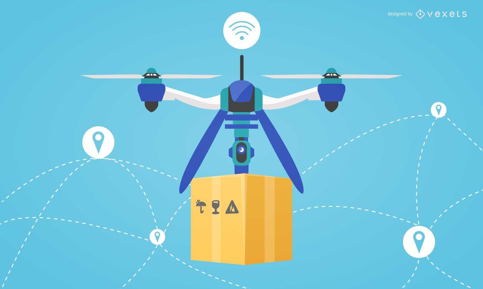 Ilustração de entrega de drone de design plano