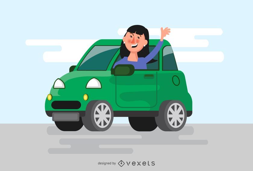 Mujer saludando desde la ilustración del coche Mujer saludando desde la ilustración del coche