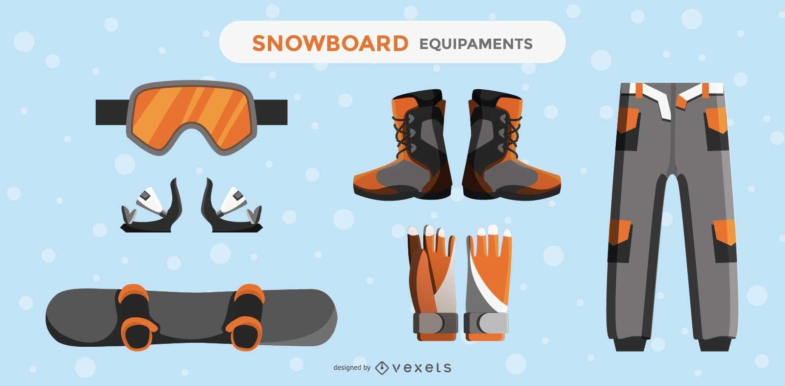 Conjunto de elementos de diseño de equipos de snowboard.