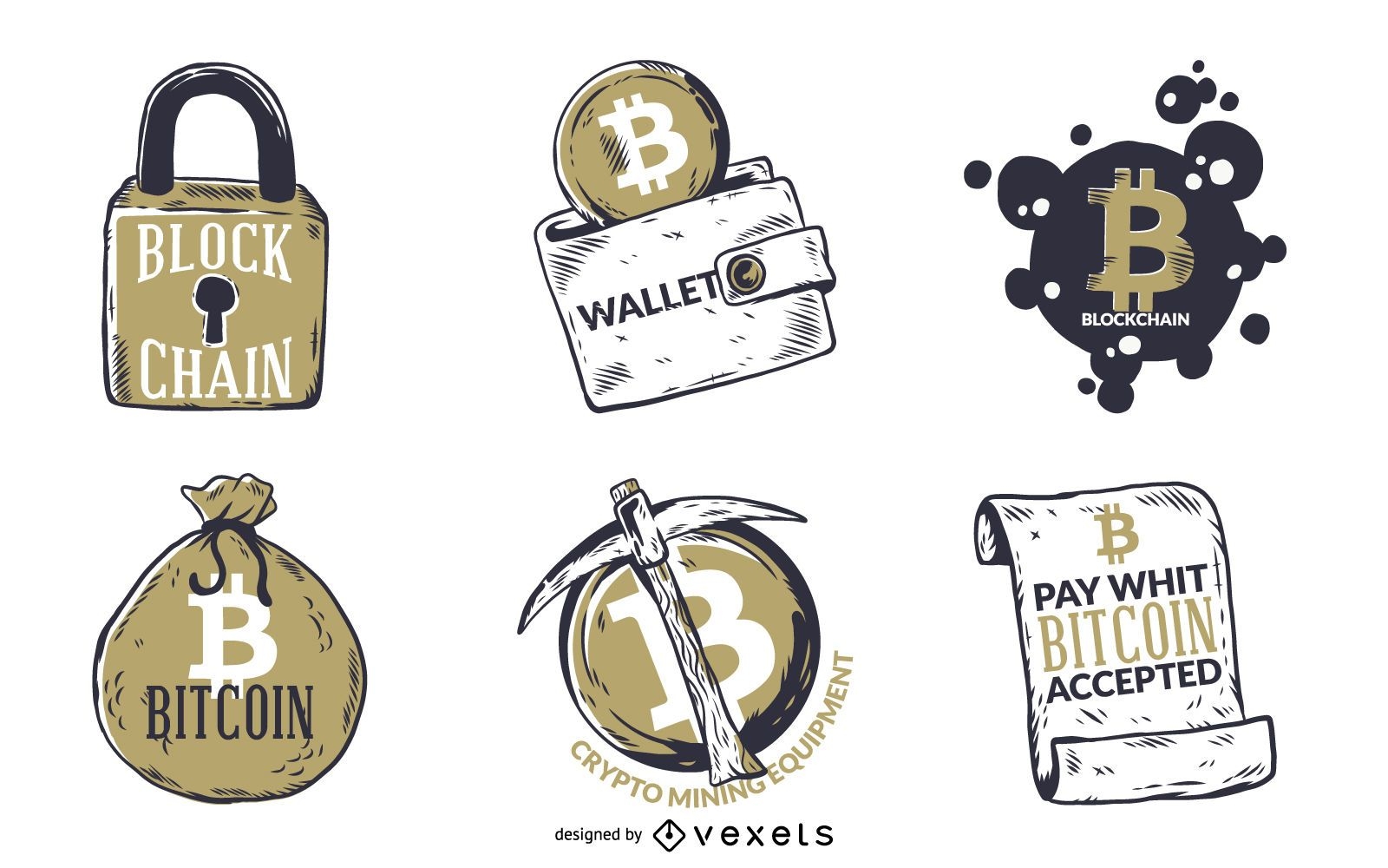Conjunto ilustrado de insignias de Bitcoin