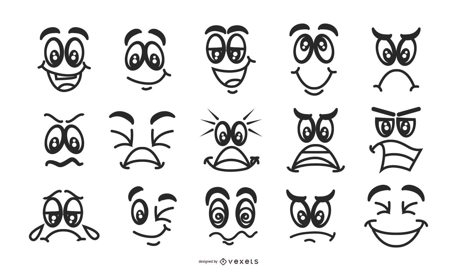 Conjunto de emoticons de rostos em preto e branco
