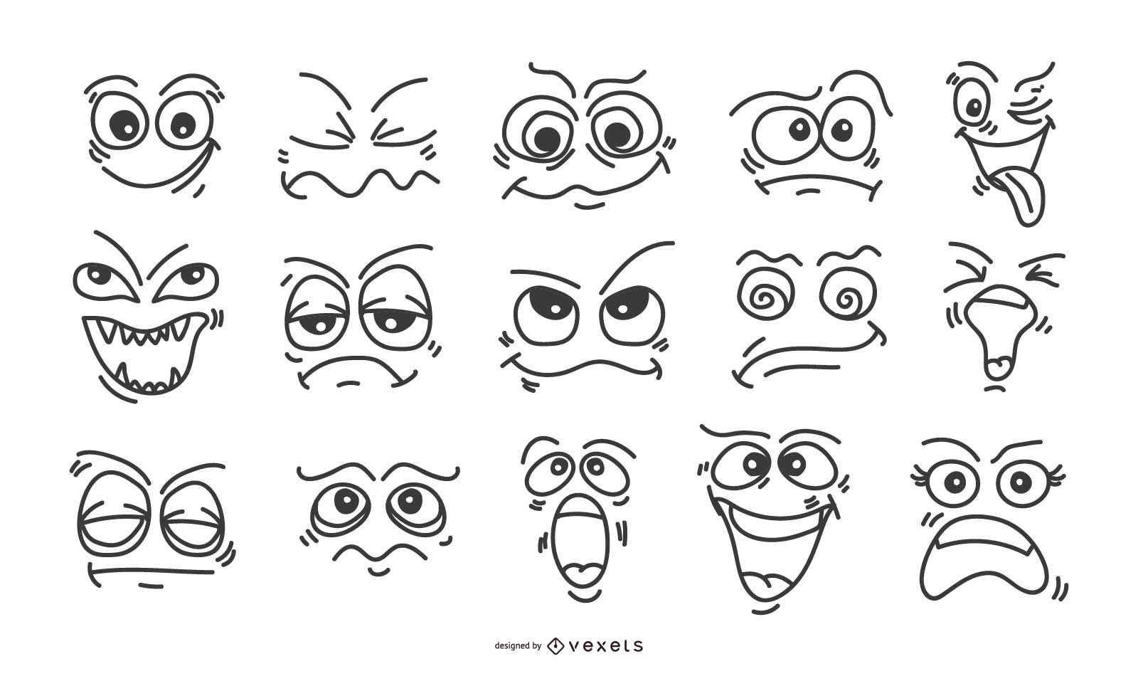 Conjunto de emoticonos de caras dibujadas a mano