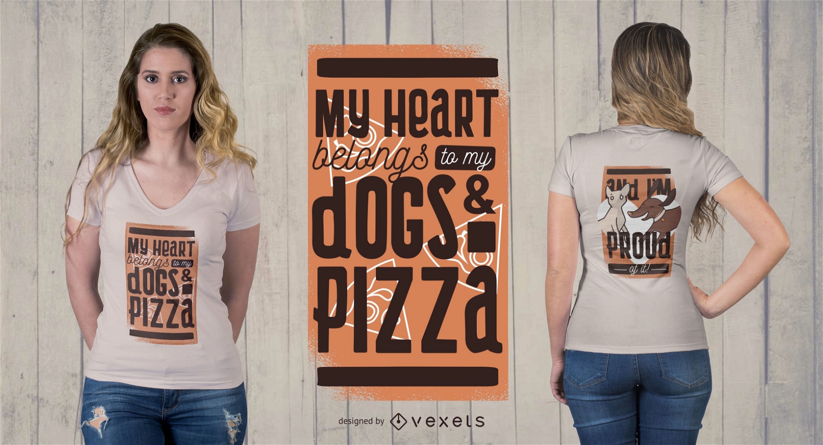 Diseño de camiseta de mascotas y pizza