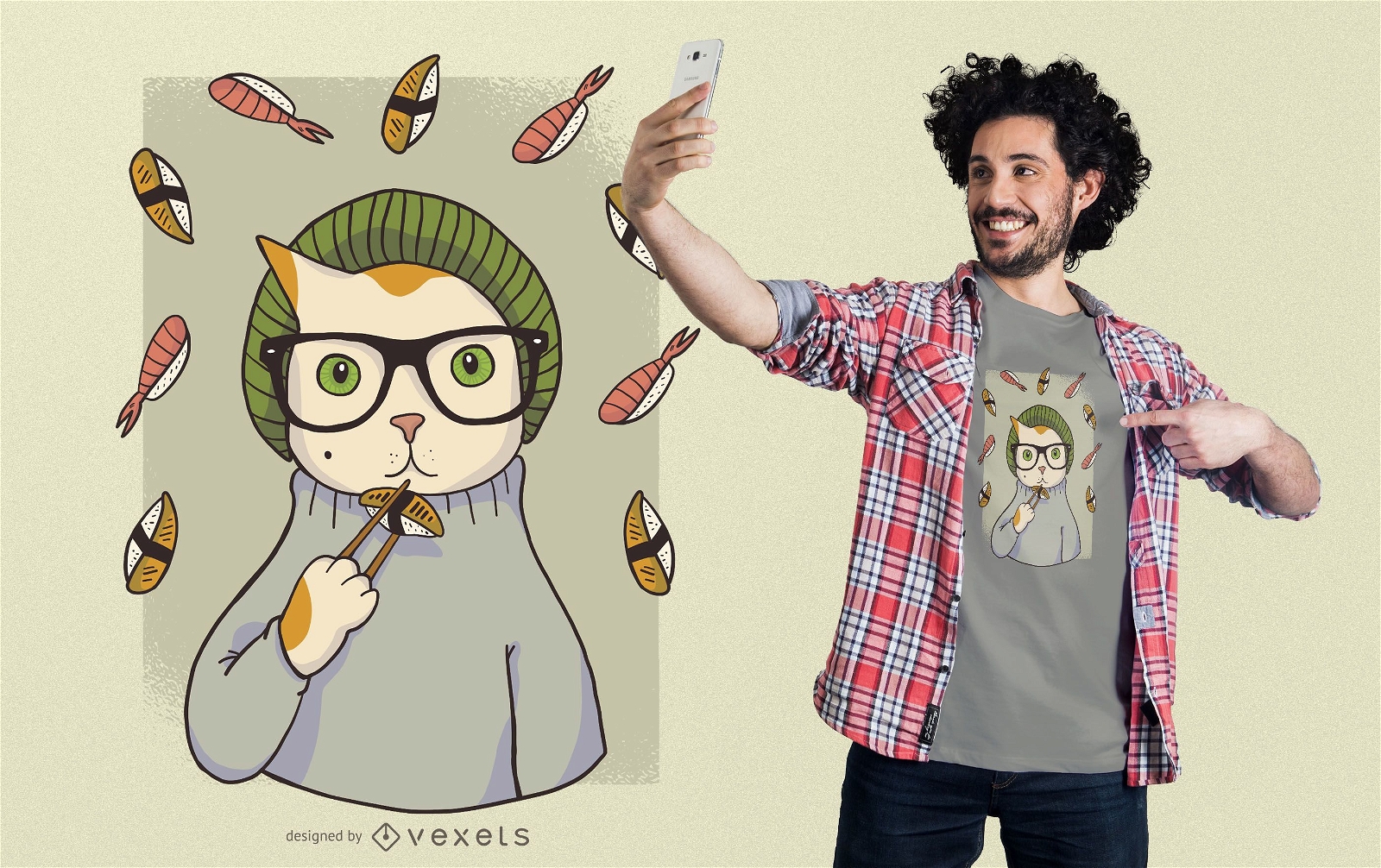 Design de t-shirt Hipster Sushi Cat