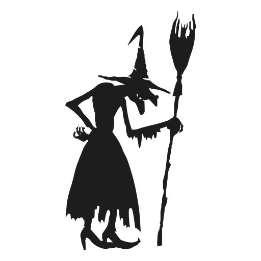 Standing witch with a broomstick silhouette PNG Design