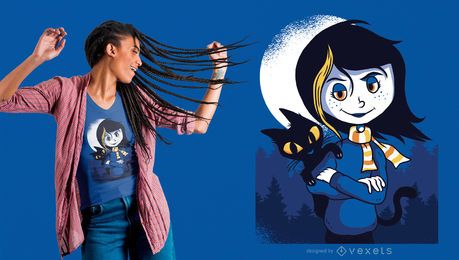 Diseño de camiseta con ilustración de halloween de niña y gato.