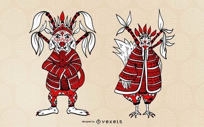 Chinese Dog and Rooster Character Set