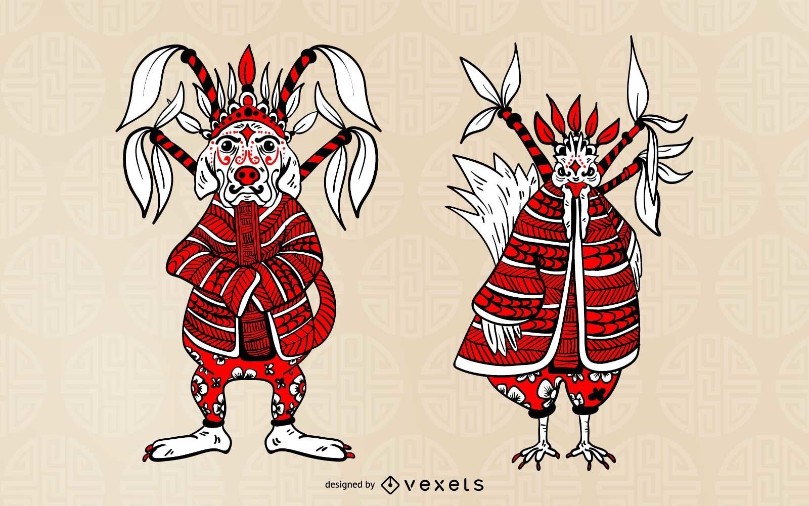 Chinese Dog and Rooster Character Set