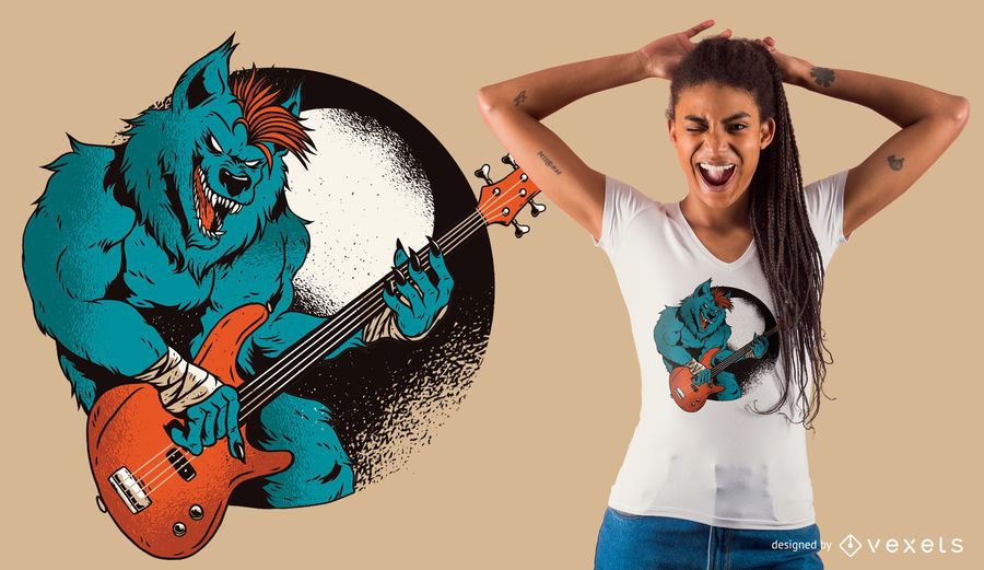 Design de t-shirt de guitarrista de lobisomem Design de t-shirt de guitarrista de lobisomem