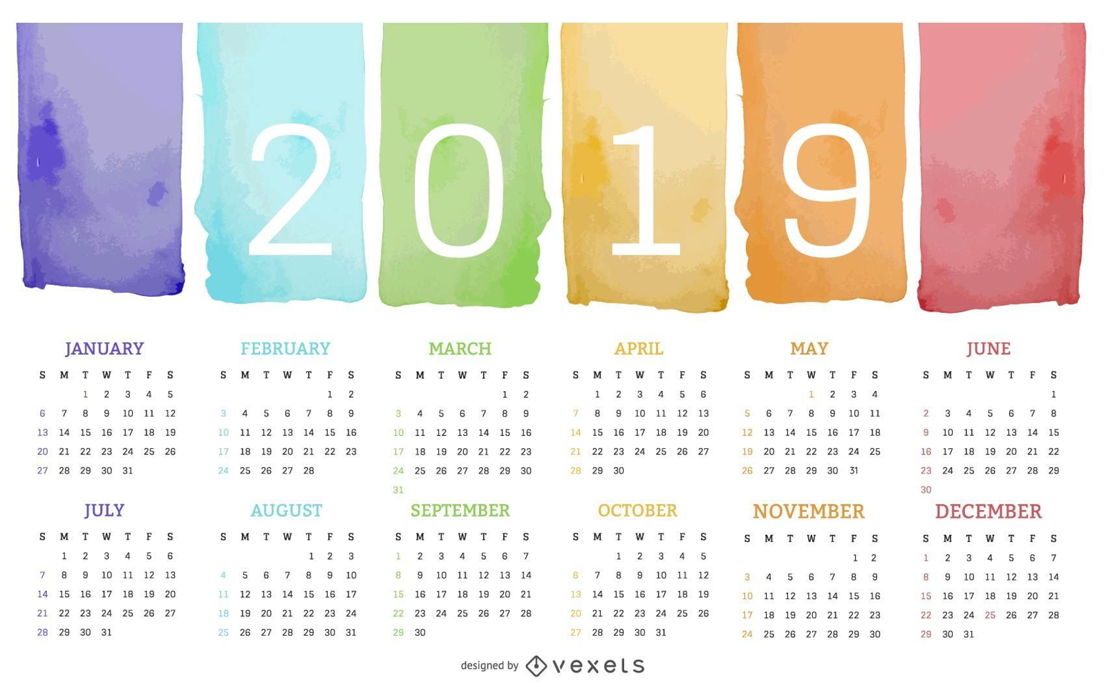 Watercolor Paint 2019 Calendar Design