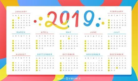 Colorful Year 2019 Calendar Design