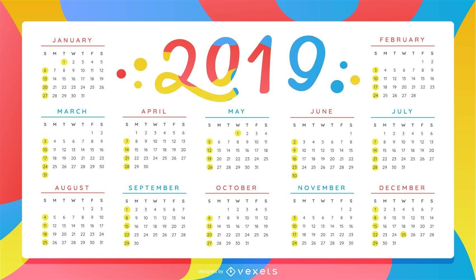 Design colorido do calendário do ano de 2019