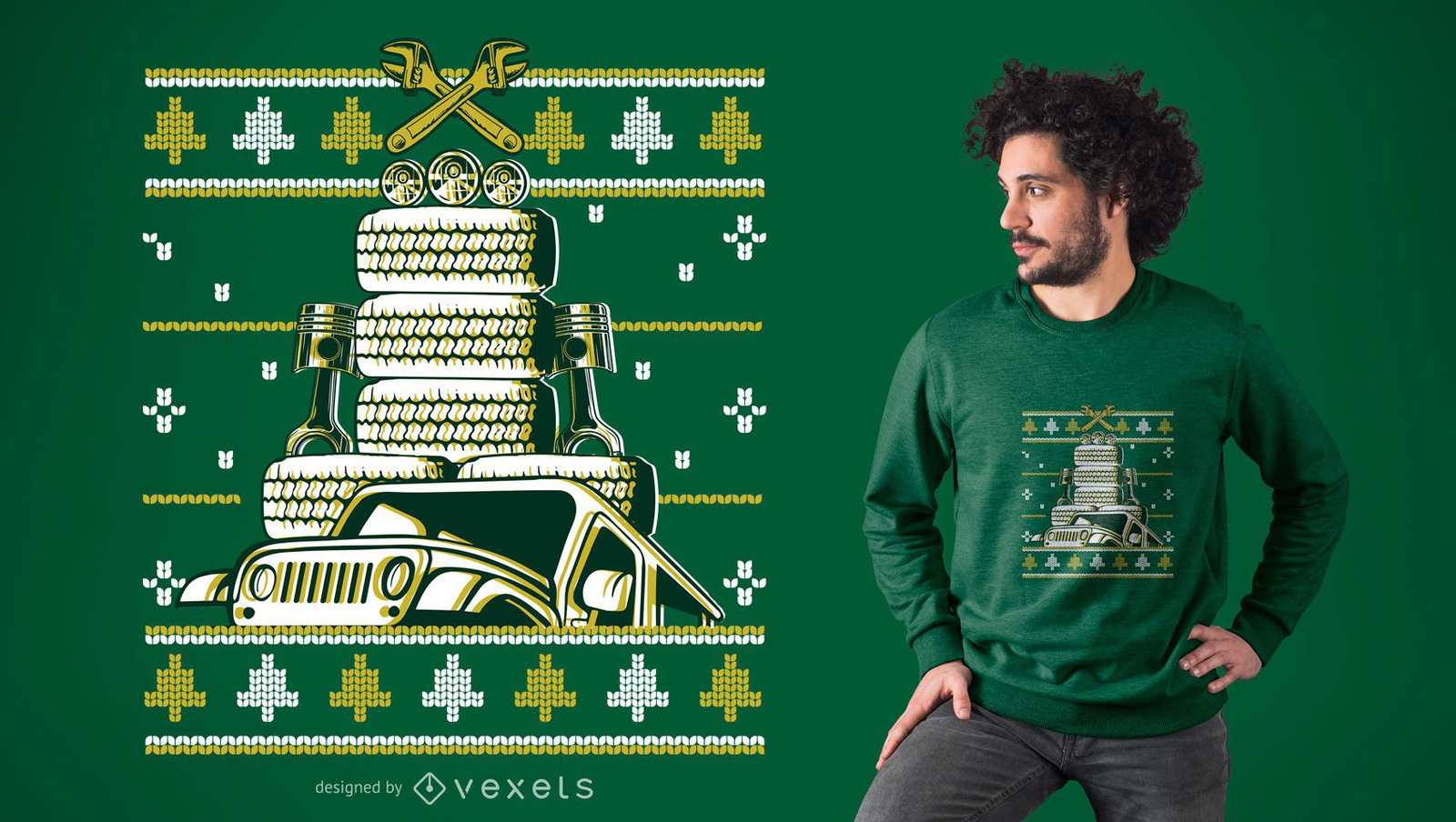 Diseño de camiseta de coche y ruedas de navidad.