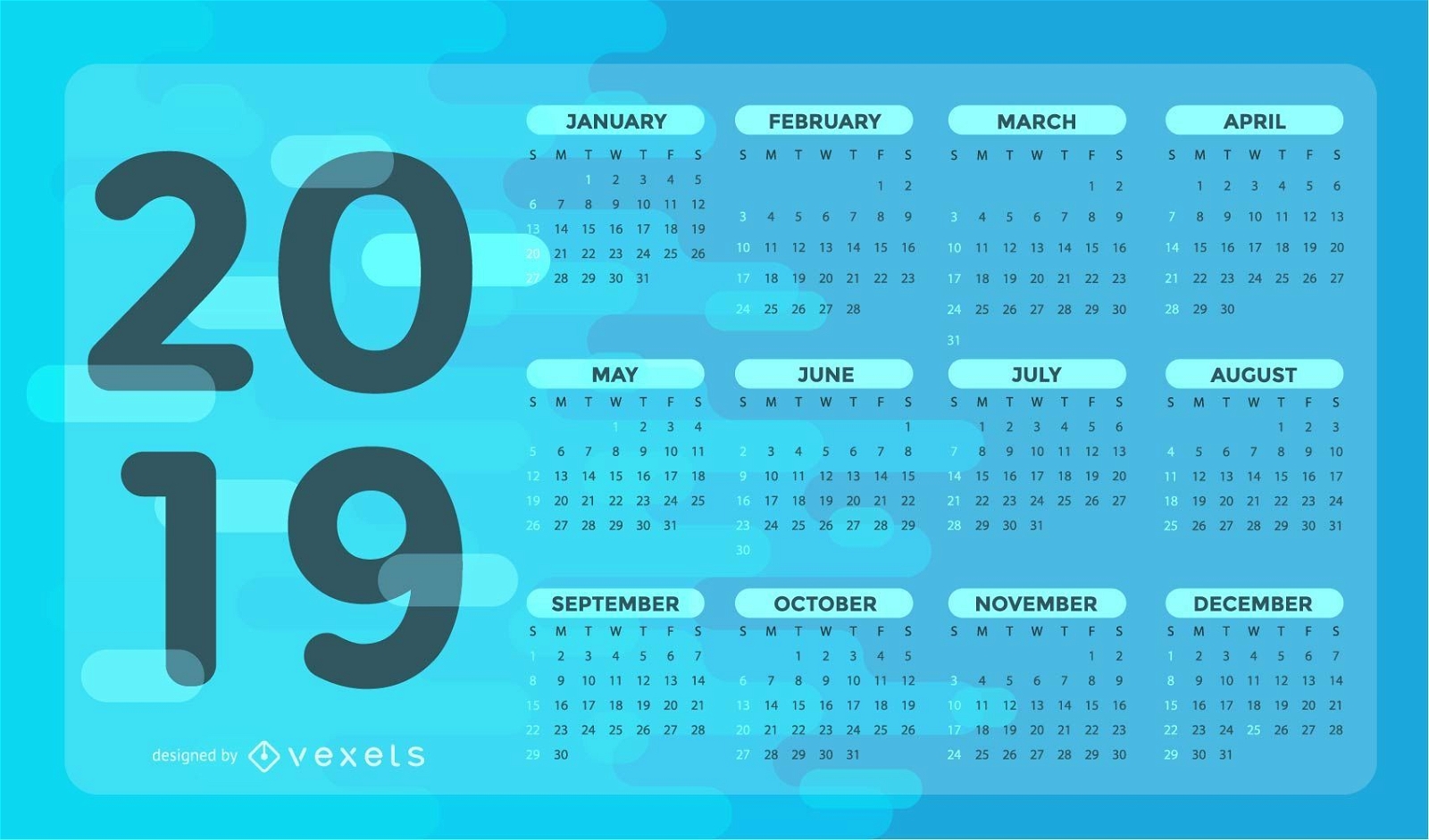 Diseño de calendario azul 2019