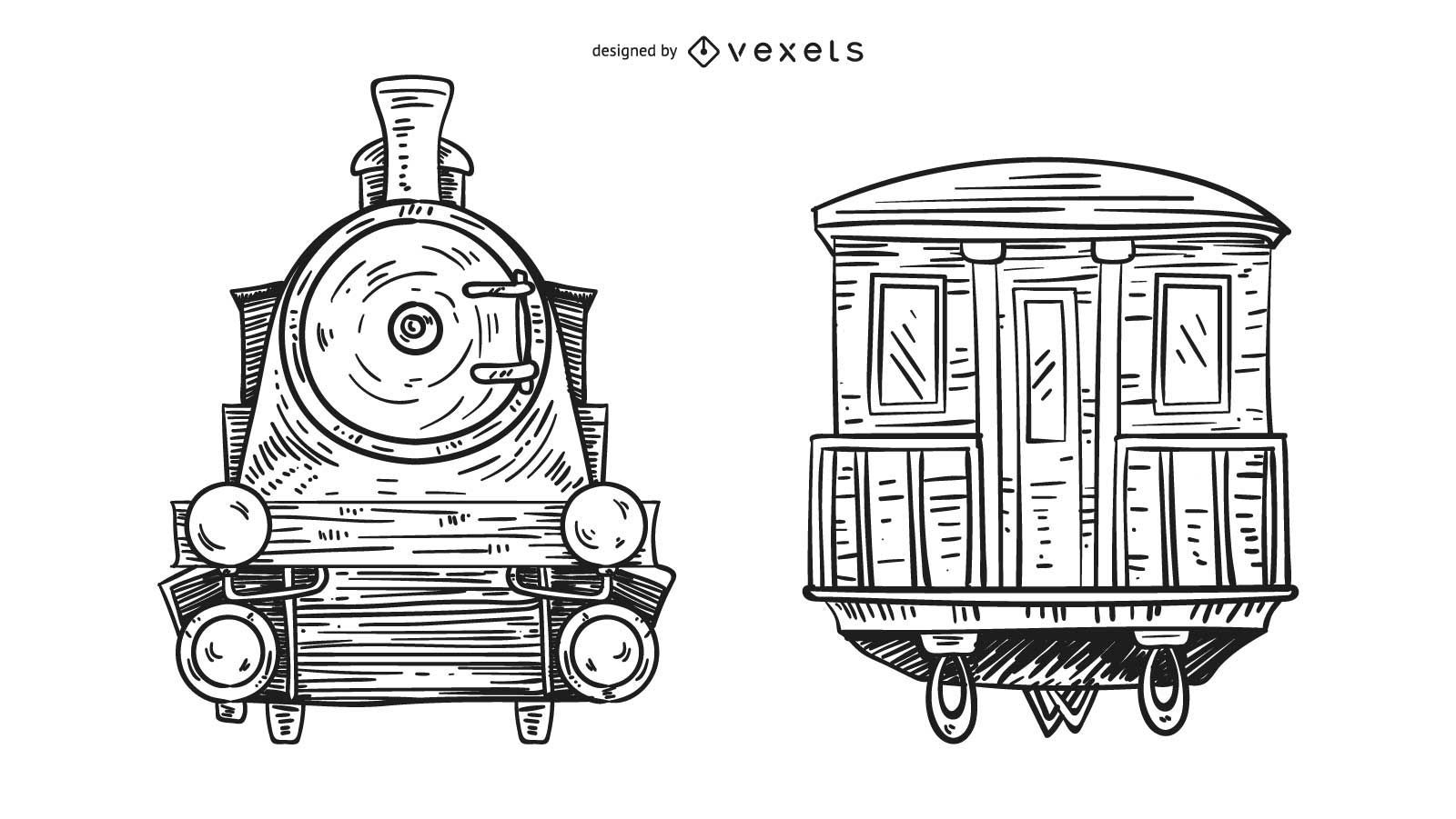 Ilustração desenhada à mão do trem dianteiro e traseiro