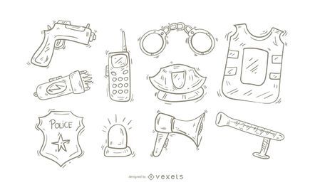Conjunto de iconos de la policía Doodle Conjunto de iconos de la policía Doodle