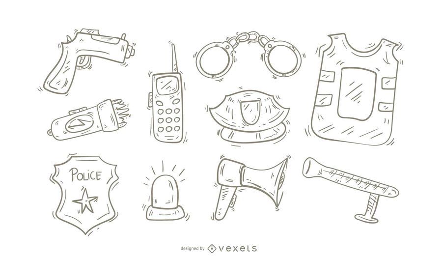 Conjunto de iconos de la policía Doodle Conjunto de iconos de la policía Doodle