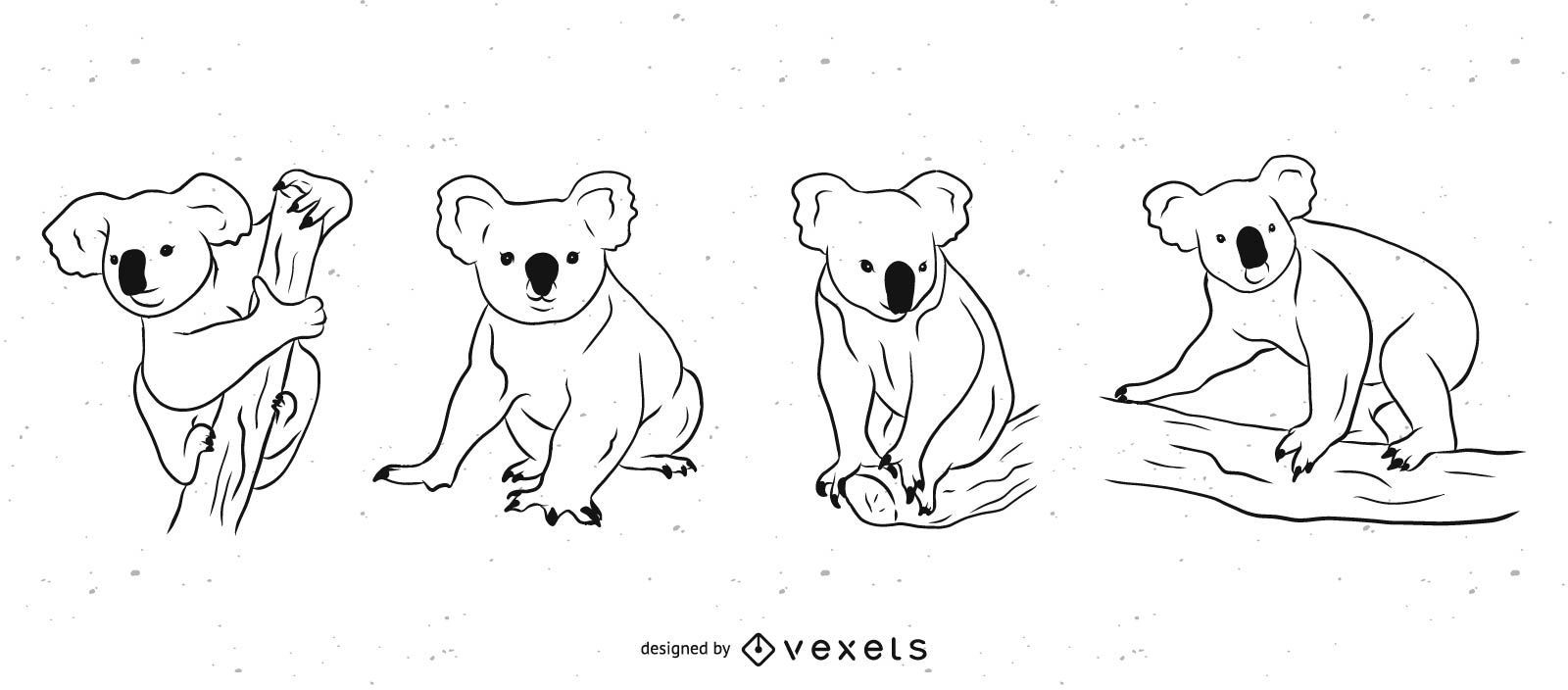 Conjunto de ilustra??o em preto e branco de urso coala